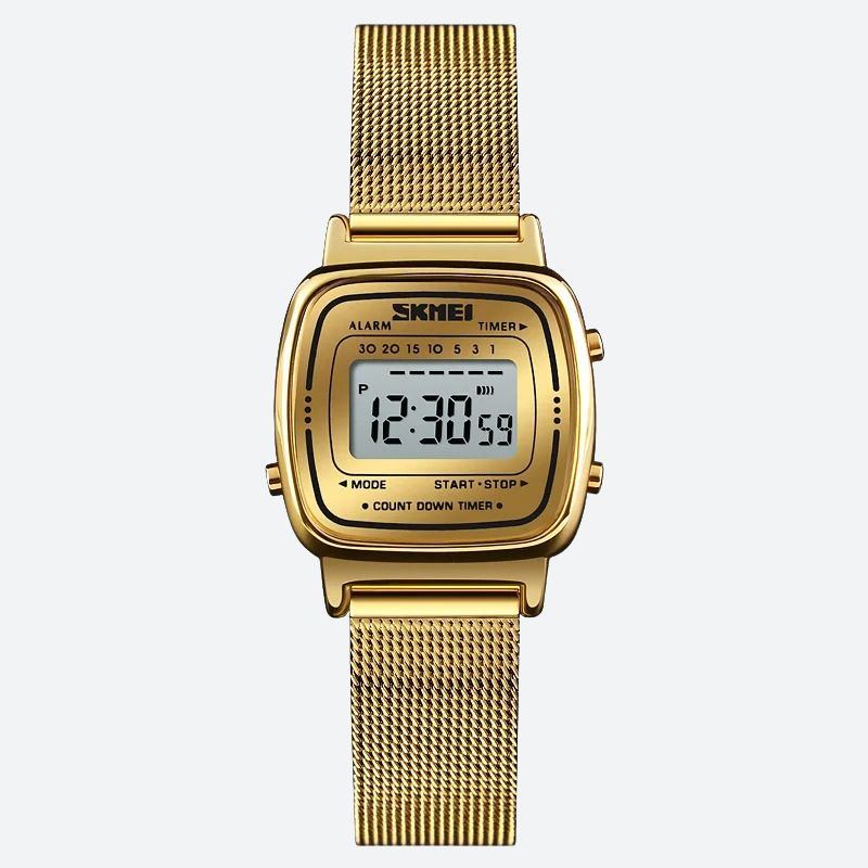 Women's Digital Watch with Gold Metallic Square Dial on a Grey Background
