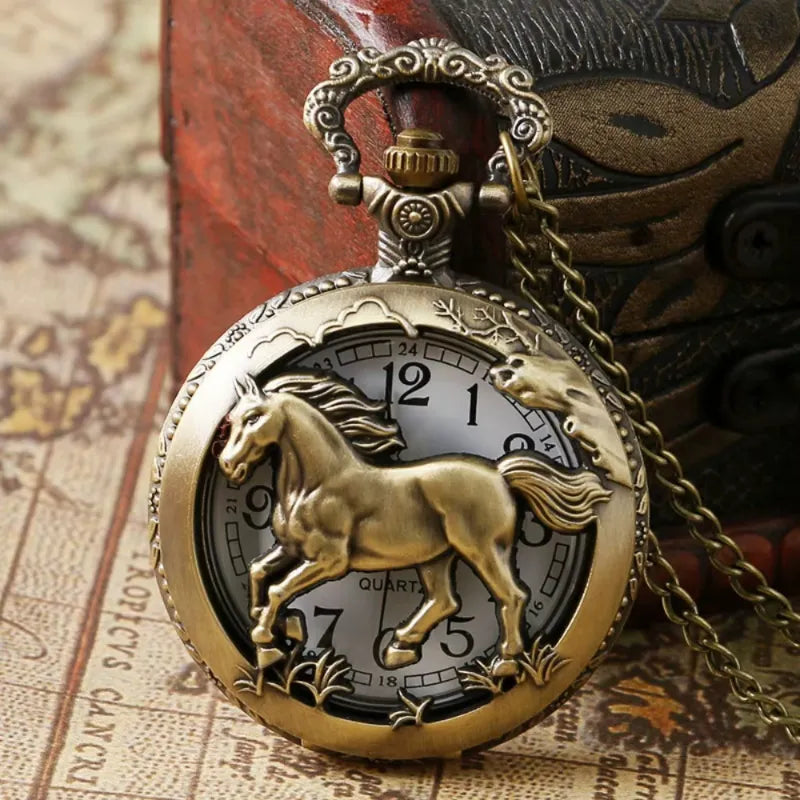 Men's Quartz Pocket Watch Engraved Antique Horse