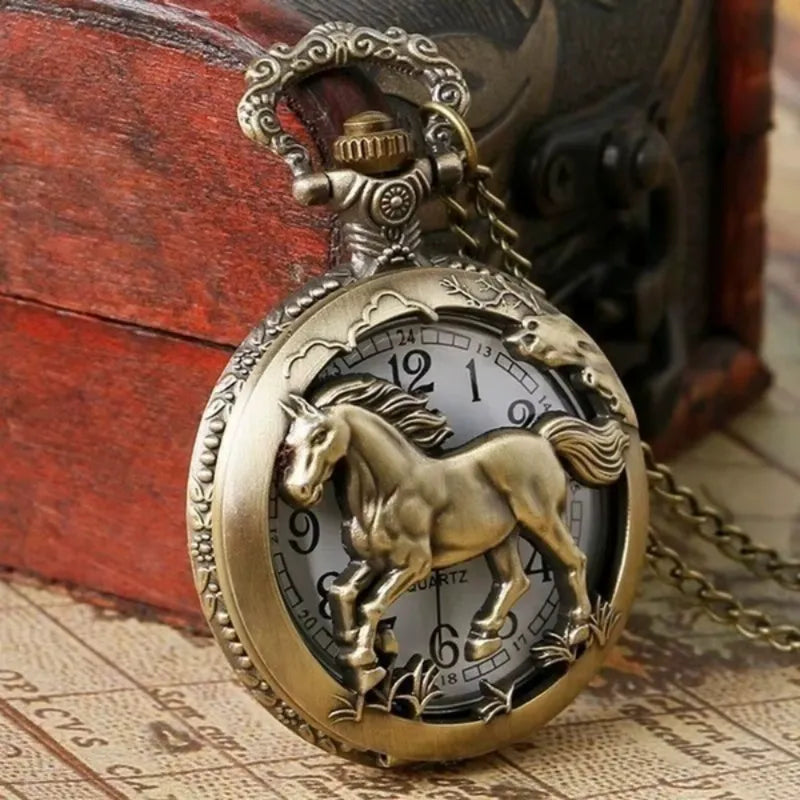 Men's Quartz Pocket Watch Engraved Antique Horse