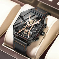 Men's square leather chronograph watch