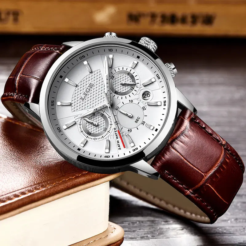 Men's leather chronograph watch, waterproof - military style