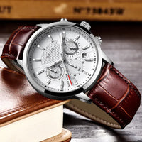 Men's leather chronograph watch, waterproof - military style