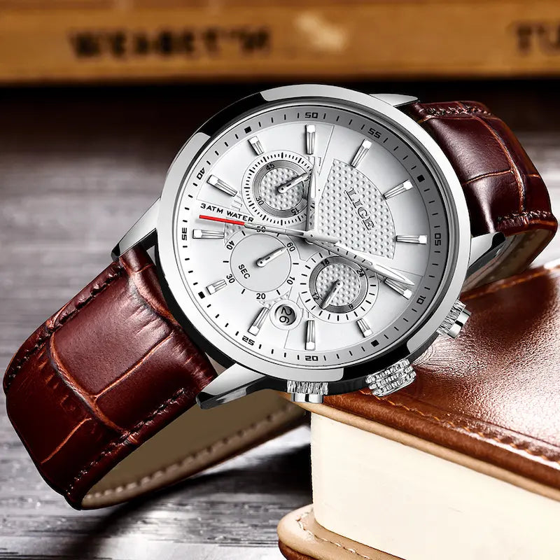 Men's leather chronograph watch, waterproof - military style