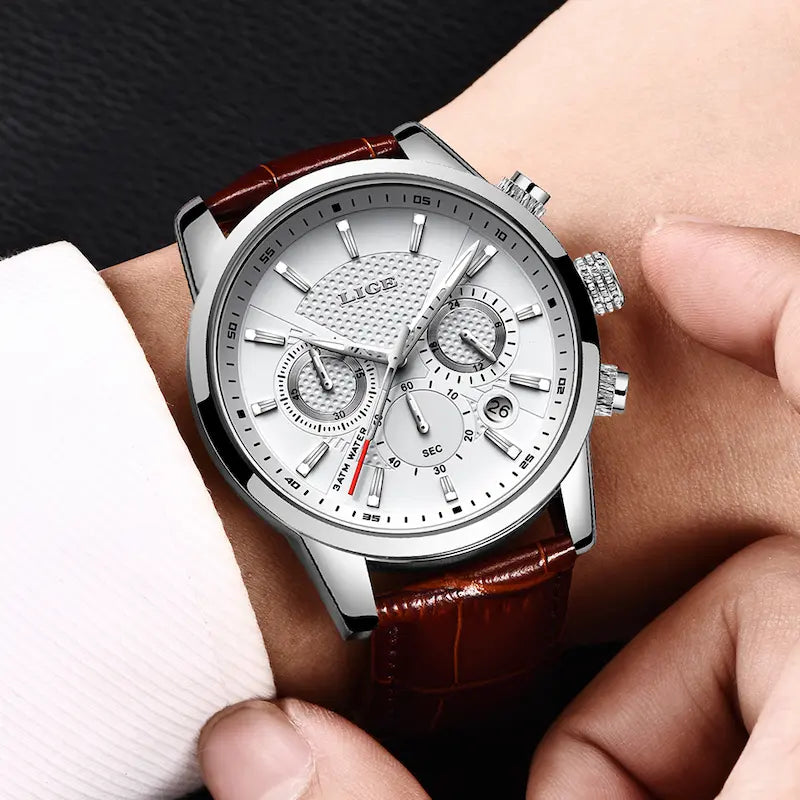 Men's leather chronograph watch, waterproof - military style