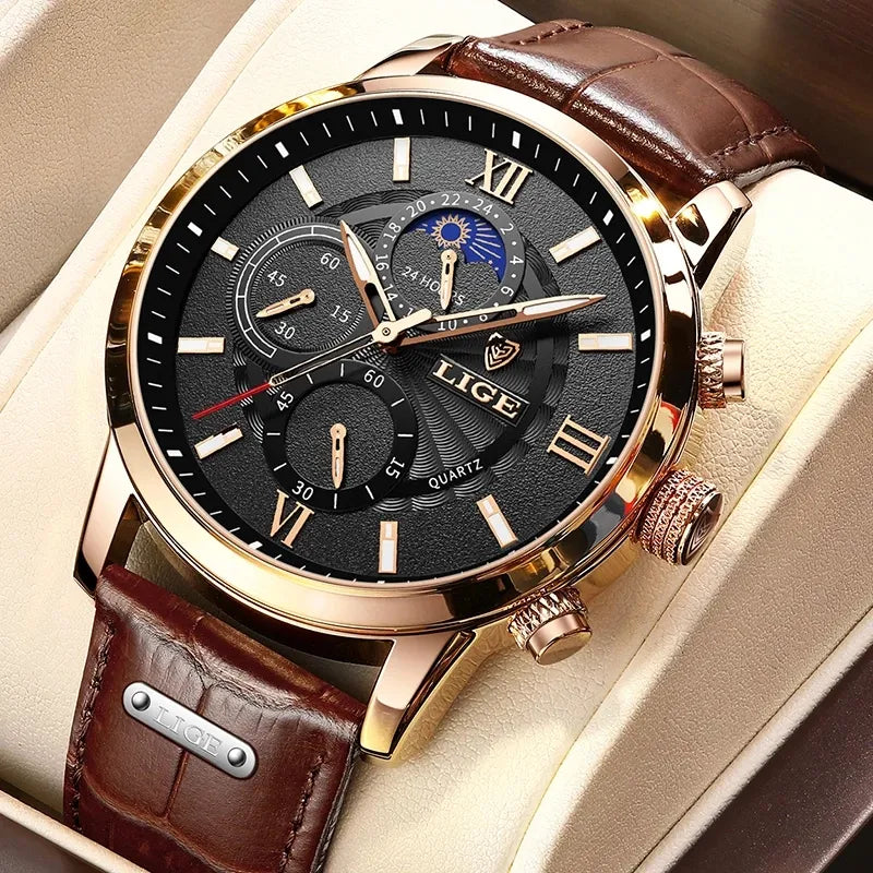 Men's waterproof quartz leather watch, casual style