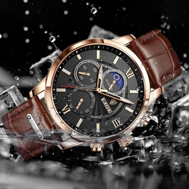 Men's waterproof quartz leather watch, casual style