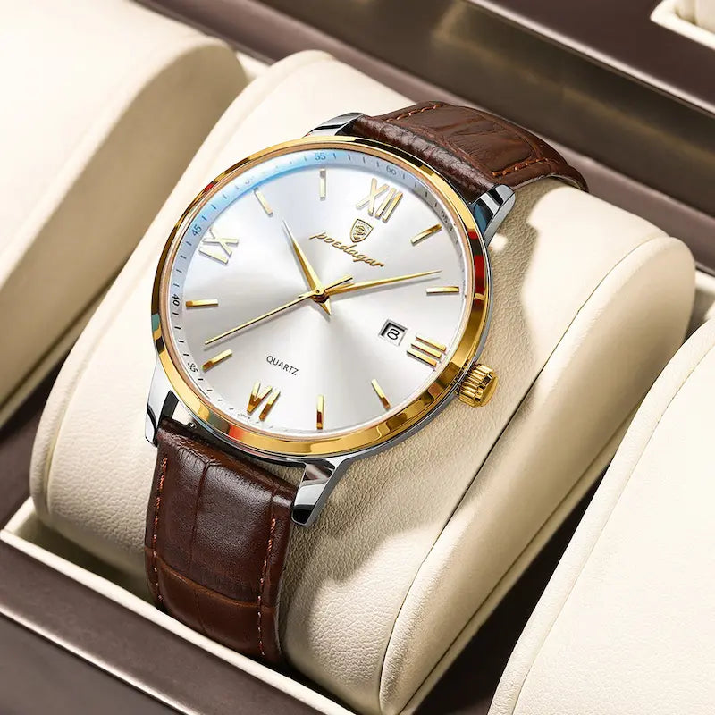 Men's leather watch, waterproof quartz crystal