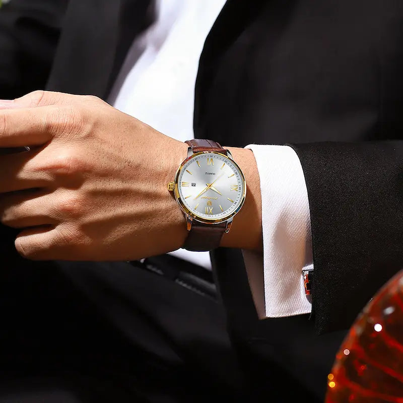 Men's leather watch, waterproof quartz crystal