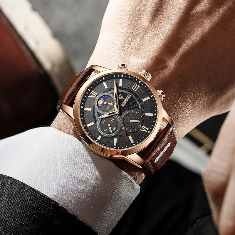 Men's leather quartz watch, waterproof