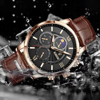 Men's leather quartz watch, waterproof