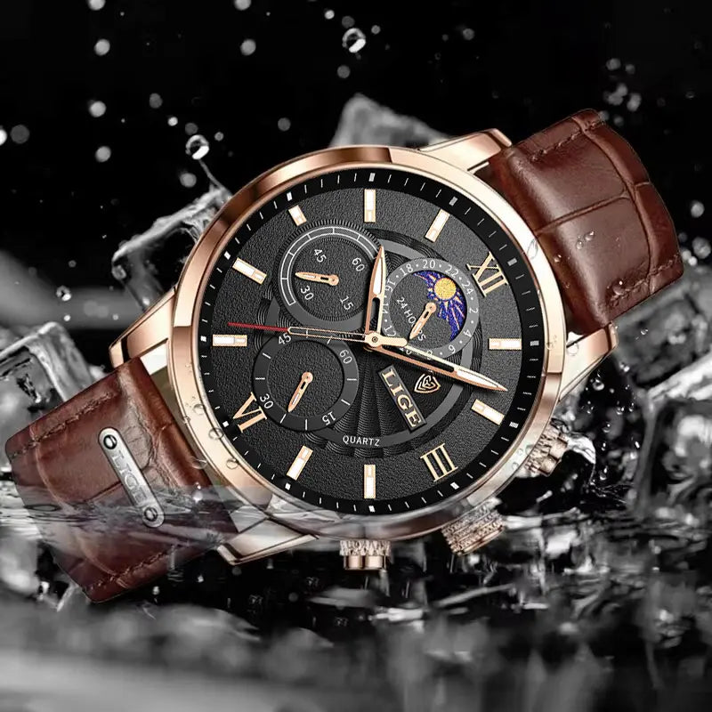 Men's leather quartz watch, waterproof