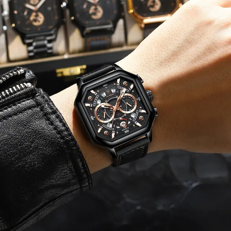 Men's leather quartz sports watch, waterproof