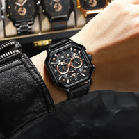 Men's leather quartz sports watch, waterproof