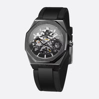 Men's octagonal skeleton mechanical watch in stainless steel