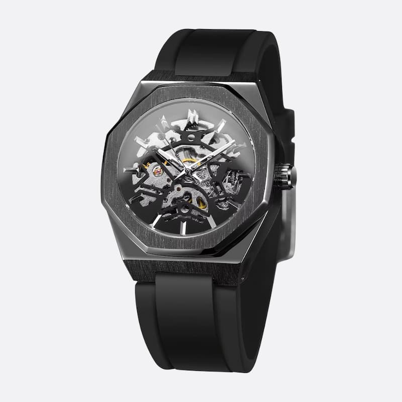 Men's octagonal skeleton mechanical watch in stainless steel
