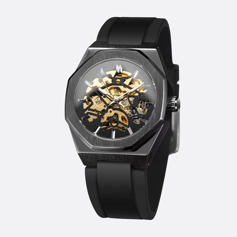 Men's octagonal skeleton mechanical watch in stainless steel