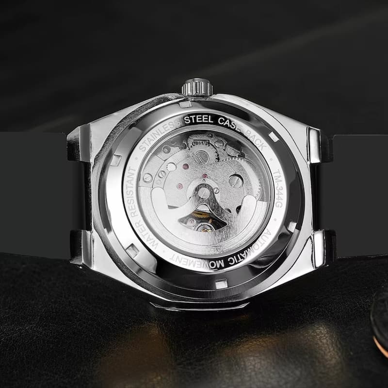 Men's Octagonal Skeleton Mechanical Watch in Stainless Steel