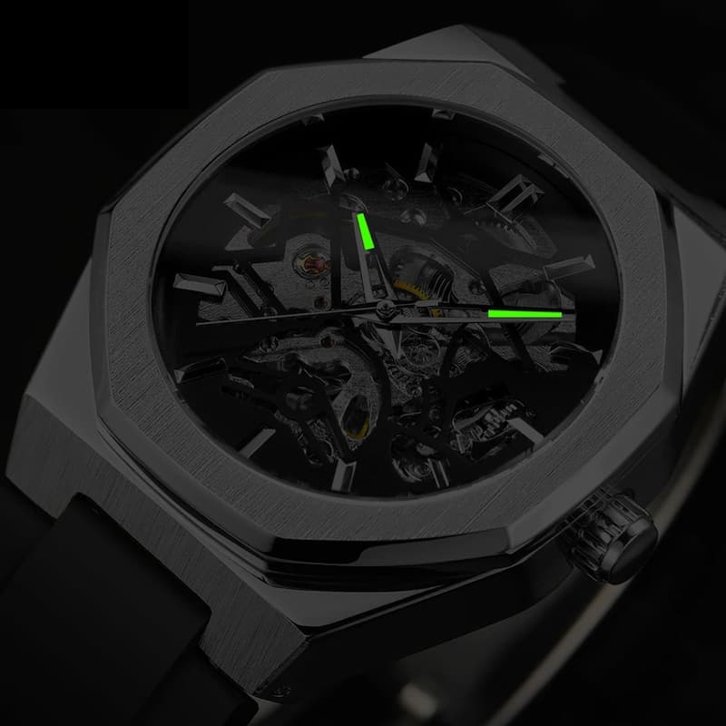 Men's Octagonal Skeleton Mechanical Watch in Stainless Steel