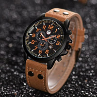 Men's Military Quartz Watch with Leather Strap