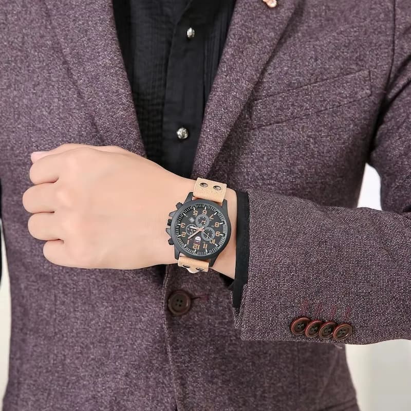 Men's Military Quartz Watch with Leather Strap