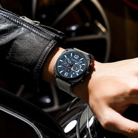 Men's Military Chronograph Watch, 44mm, Blue Dial, Leather Strap