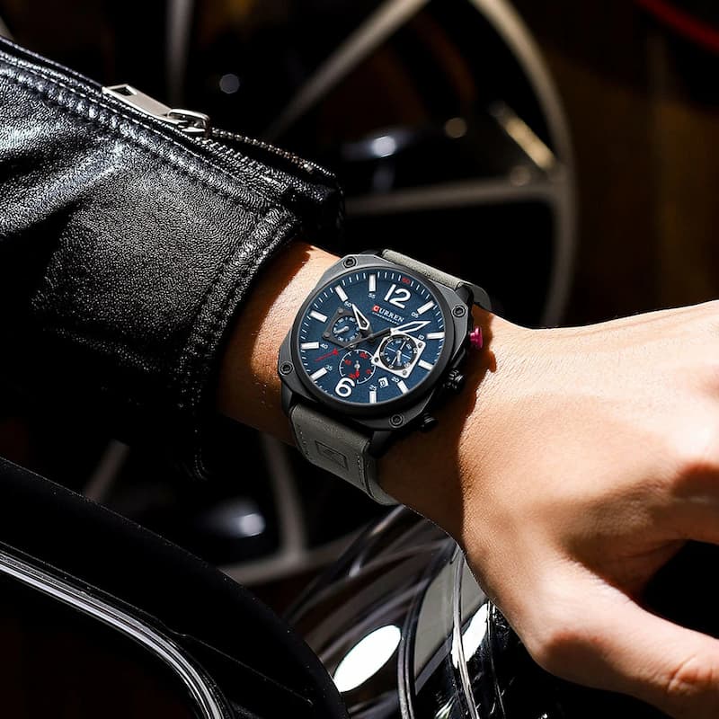 Men's Military Chronograph Watch, 44mm, Blue Dial, Leather Strap