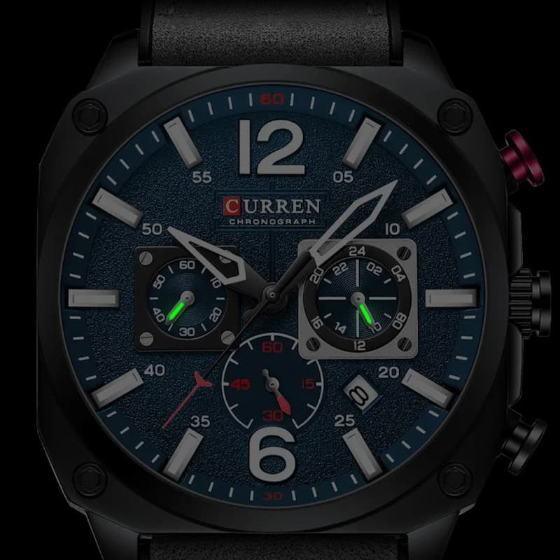 Men's Military Chronograph Watch, 44mm, Blue Dial, Leather Strap
