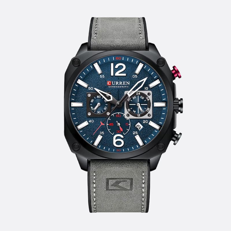 Men's military chronograph watch, 44 mm, blue dial, leather strap