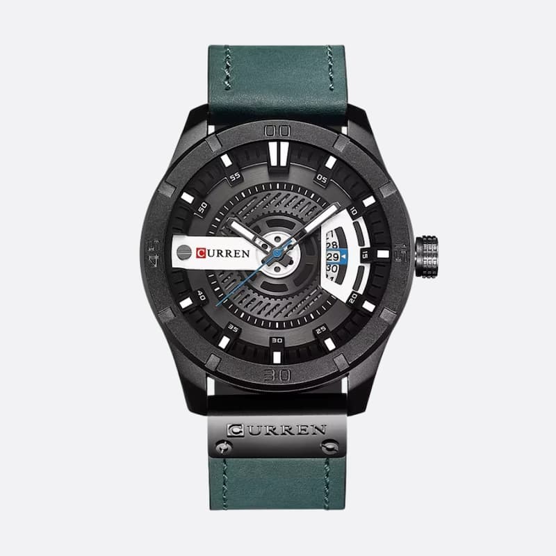 Men's military quartz watch, 45mm, waterproof, with leather strap