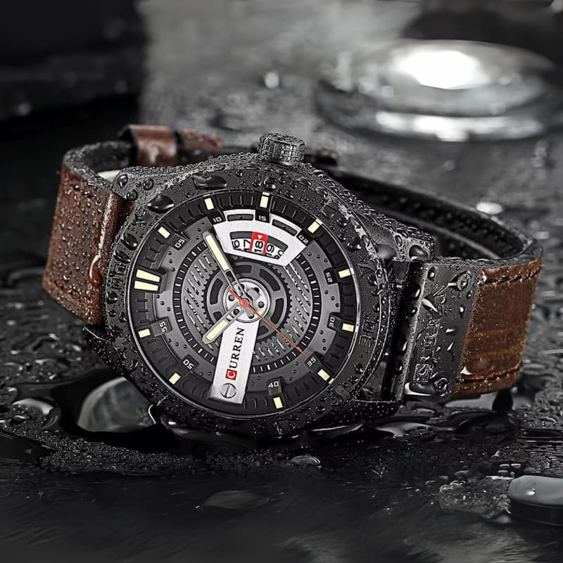 Men's Military Quartz Watch, 45mm, Waterproof, with Leather Strap
