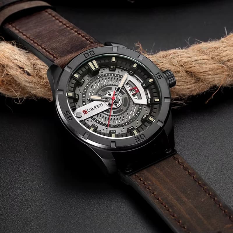 Men's Military Quartz Watch, 45mm, Waterproof, with Leather Strap