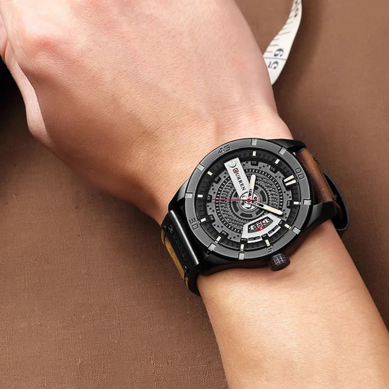 Men's Military Quartz Watch, 45mm, Waterproof, with Leather Strap