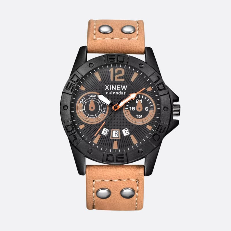 Men's quartz military watch with leather strap