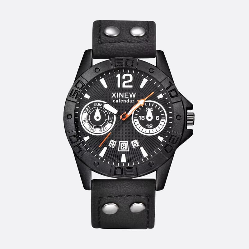Men's quartz military watch with leather strap