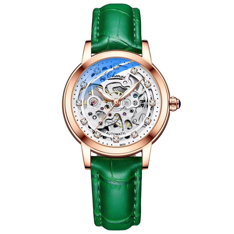 Women's Skeleton Watch, Waterproof, Leather, 1 Image