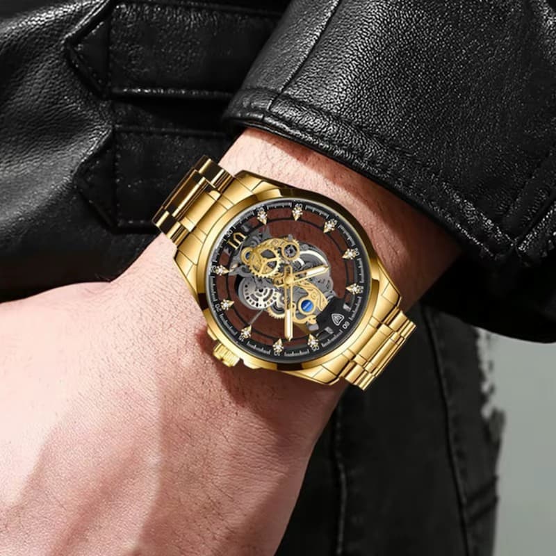 Men's Skeleton Watch in Gold-Tone Steel, Luminous Quartz