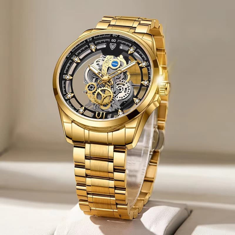 Men's Skeleton Watch in Gold-Tone Steel, Luminous Quartz