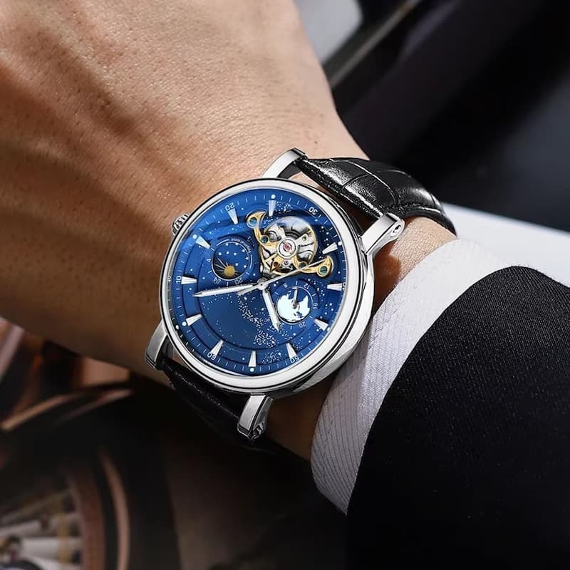 Men's Automatic Watch with Celestial Design and Luminous Dial