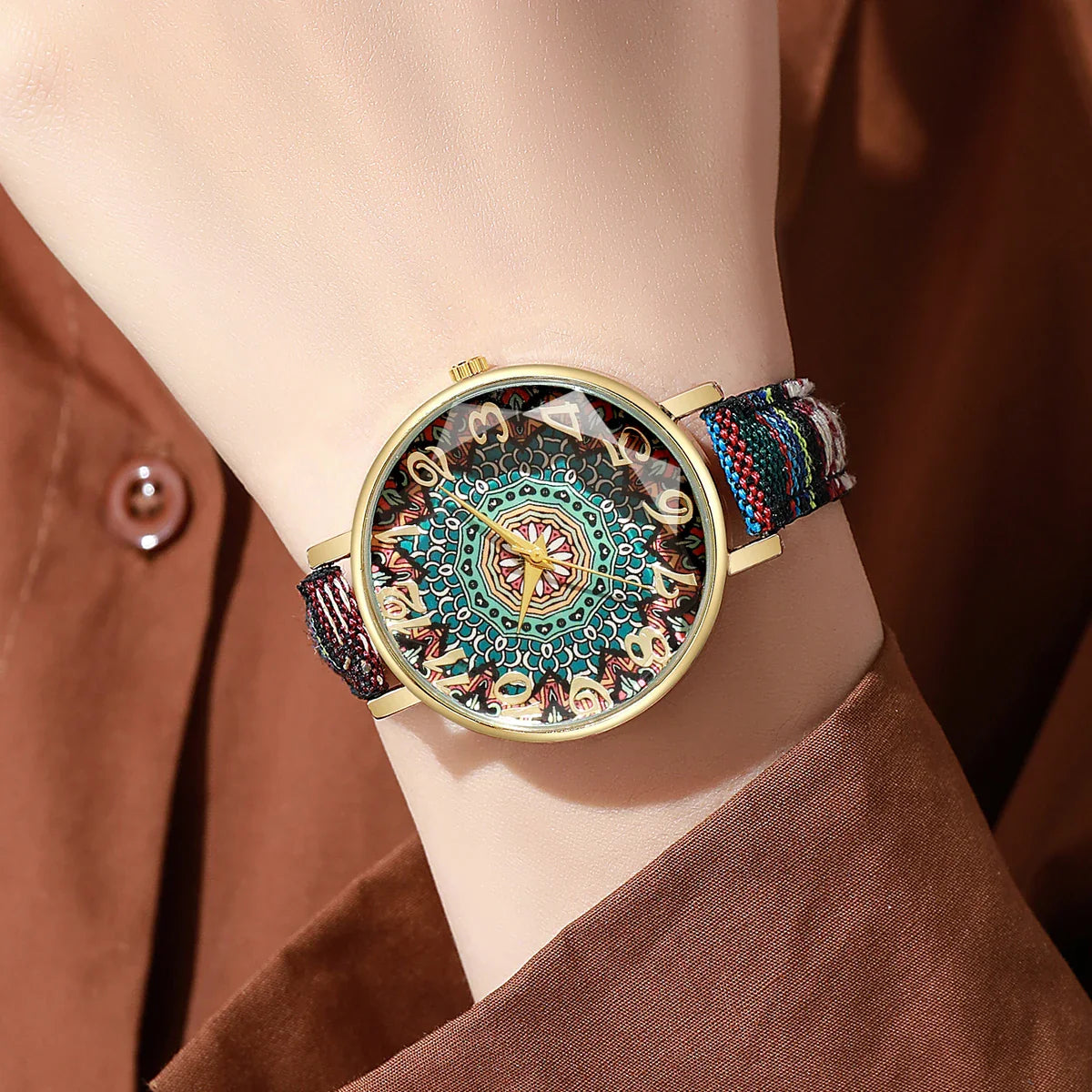 Bohemian Women's Watch, Mandala Dial, Woven Strap