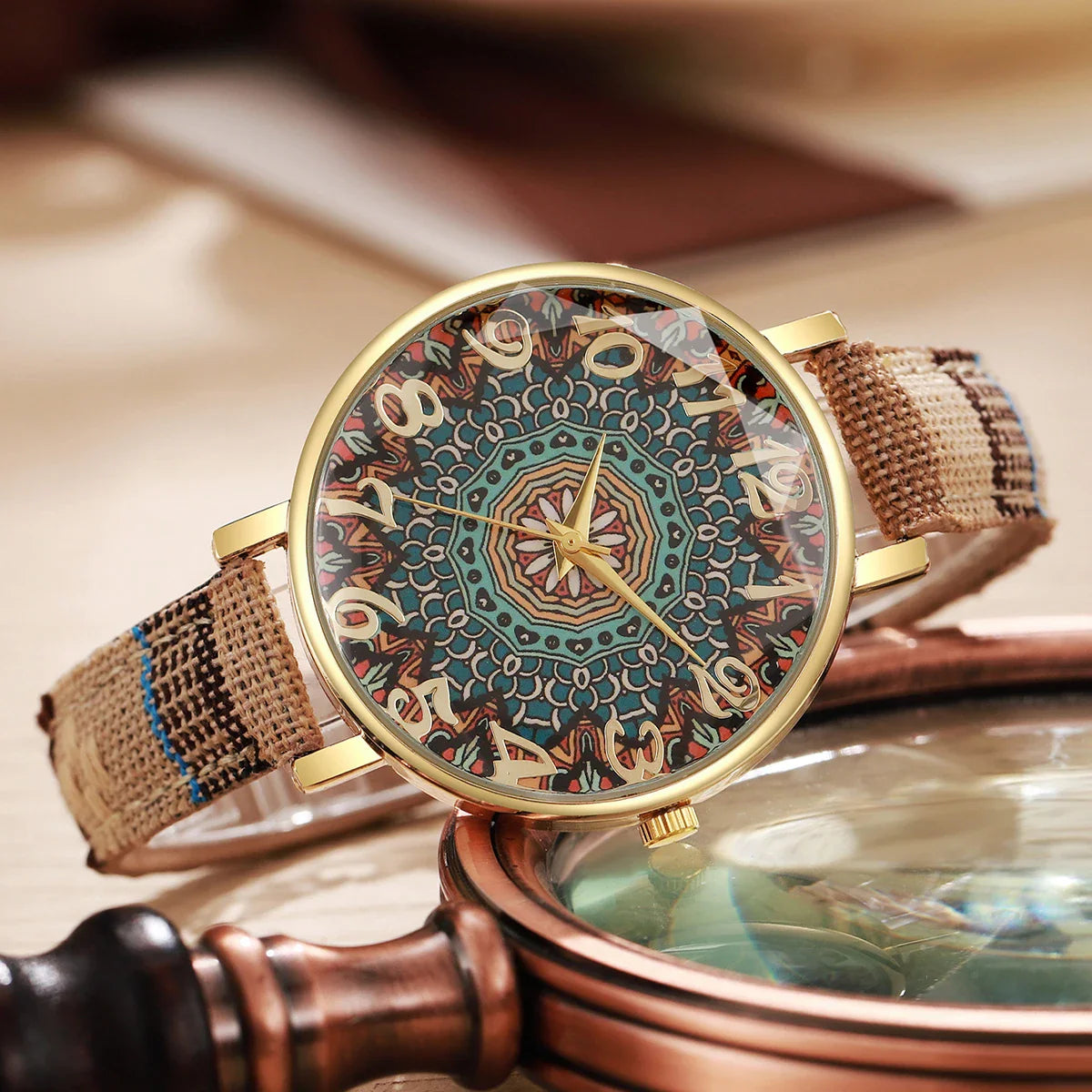 Bohemian Women's Watch, Mandala Dial, Woven Strap