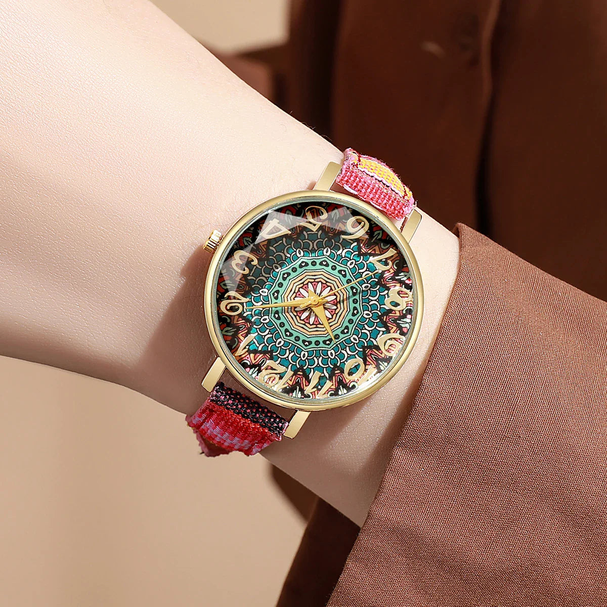 Bohemian Women's Watch, Mandala Dial, Woven Strap