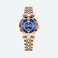 Elegant Women's Faceted Quartz Watch with Date Display and Rhinestones