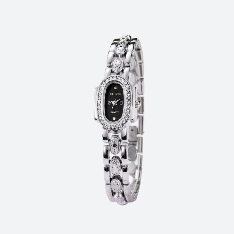 Elegant Women's Quartz Watch with Oval Dial Set with Rhinestones and Crystals