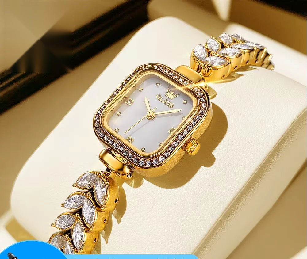 Vintage Women's Square Watch, Mother-of-Pearl and Rhinestone Dial