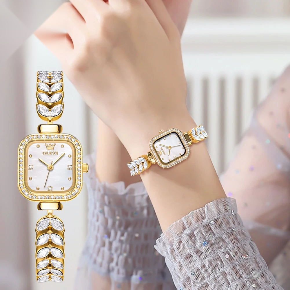 Vintage Women's Square Watch, Mother-of-Pearl and Rhinestone Dial