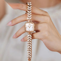 Vintage women's square watch in rose gold, mother-of-pearl dial and rhinestone jeweled bracelet