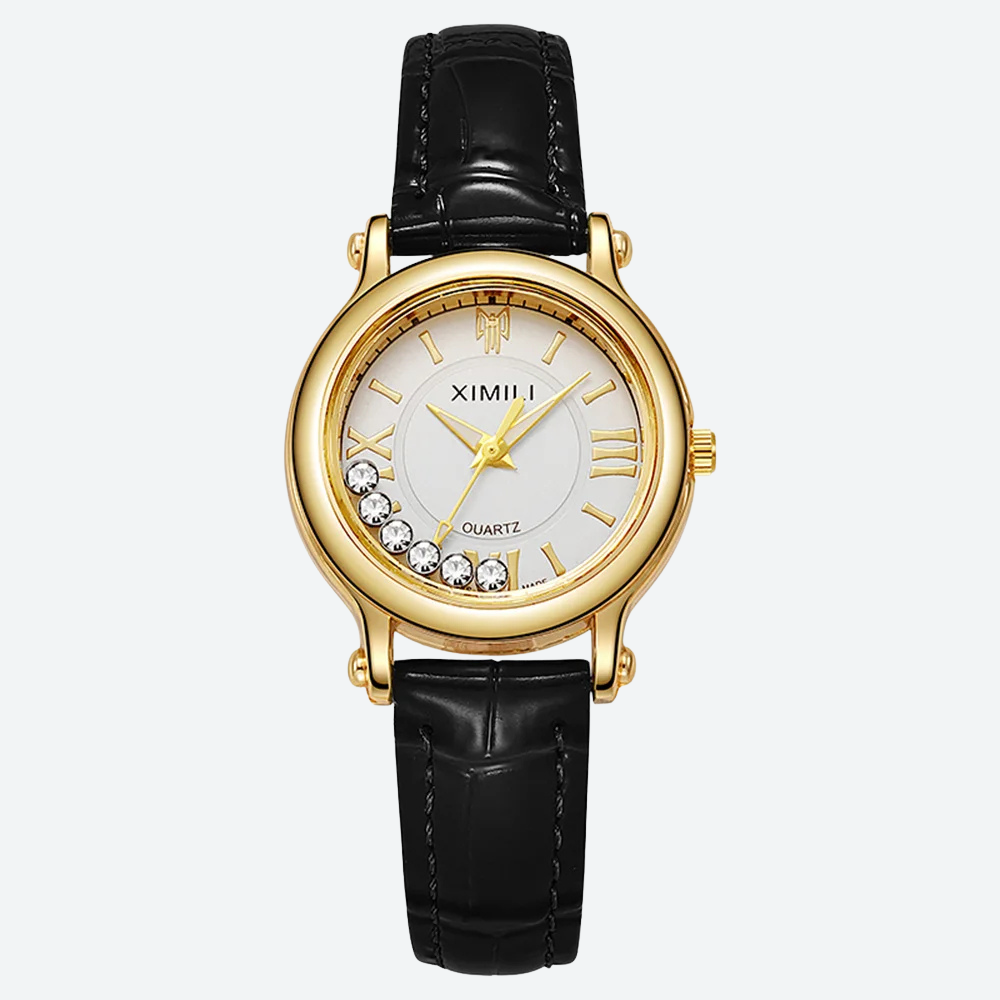 Luxury Quartz Watch for Women, Leather Strap, Gold Dial, Elegant Style