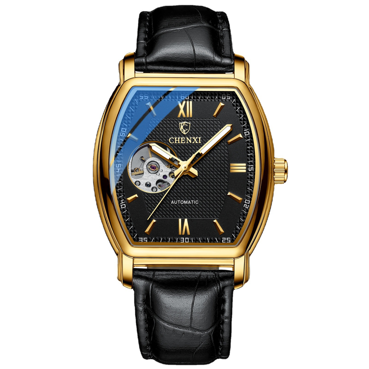 Men's Automatic Tonneau Watch with Visible Movement