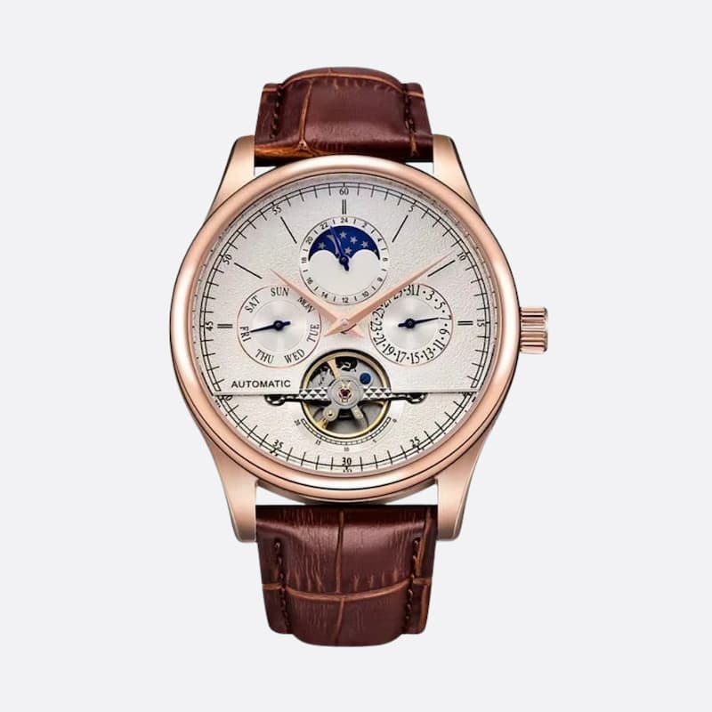 Men's Automatic Watch with Moon Phase and Tourbillon