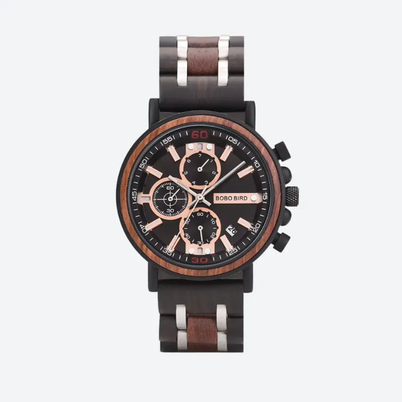 Men's Chronograph Watch in Wood and Steel, Multifunction Quartz Movement